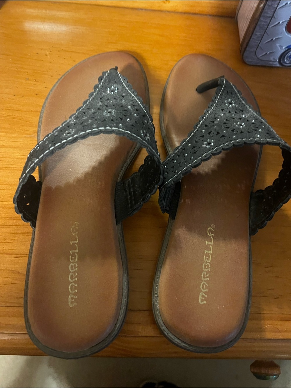 Margabella Black Laser-Cut Thong Sandals with Brown Footbed